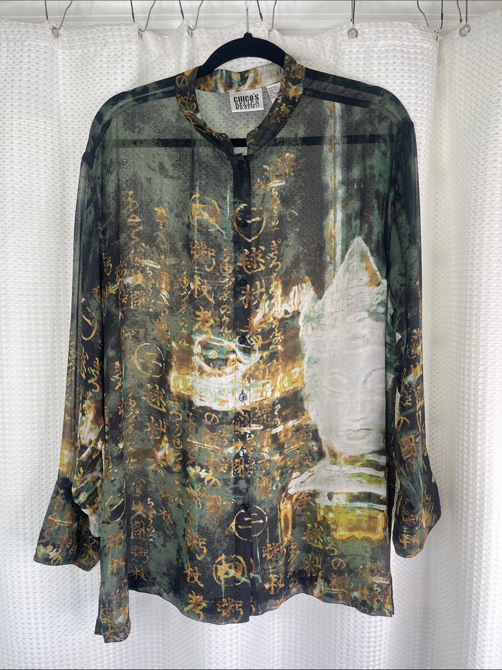 Chicos Chico’s Design Silk Blouse Asian Print Buddha Semi-Sheer Sz XL 3